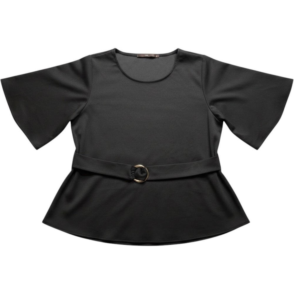 Hazel Black Flutter Sleeve Belted Peplum Blouse Gold O-Ring Top Large H37178